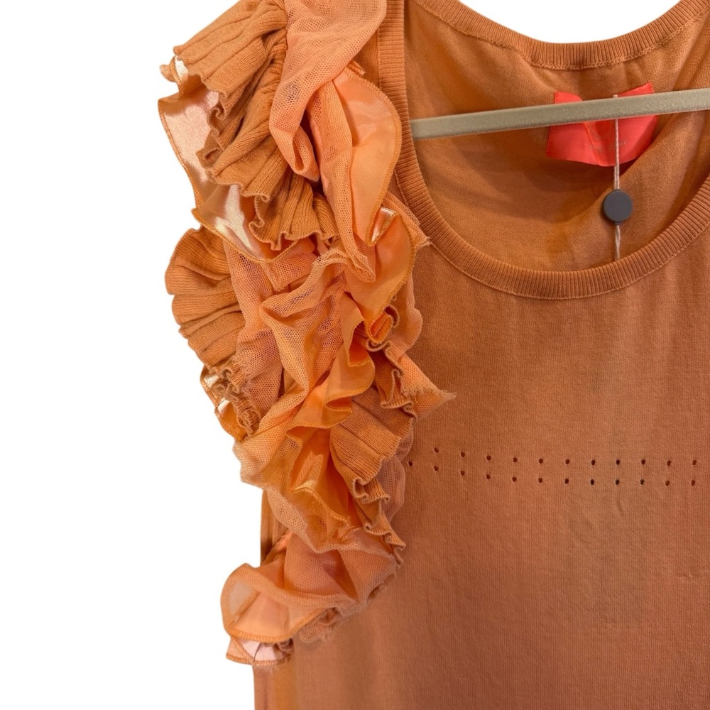 Betty Blue Soft Coral Asymmetrical Ruffled Shoulder Light Knit Dress sz 10 - Picture 2 of 16